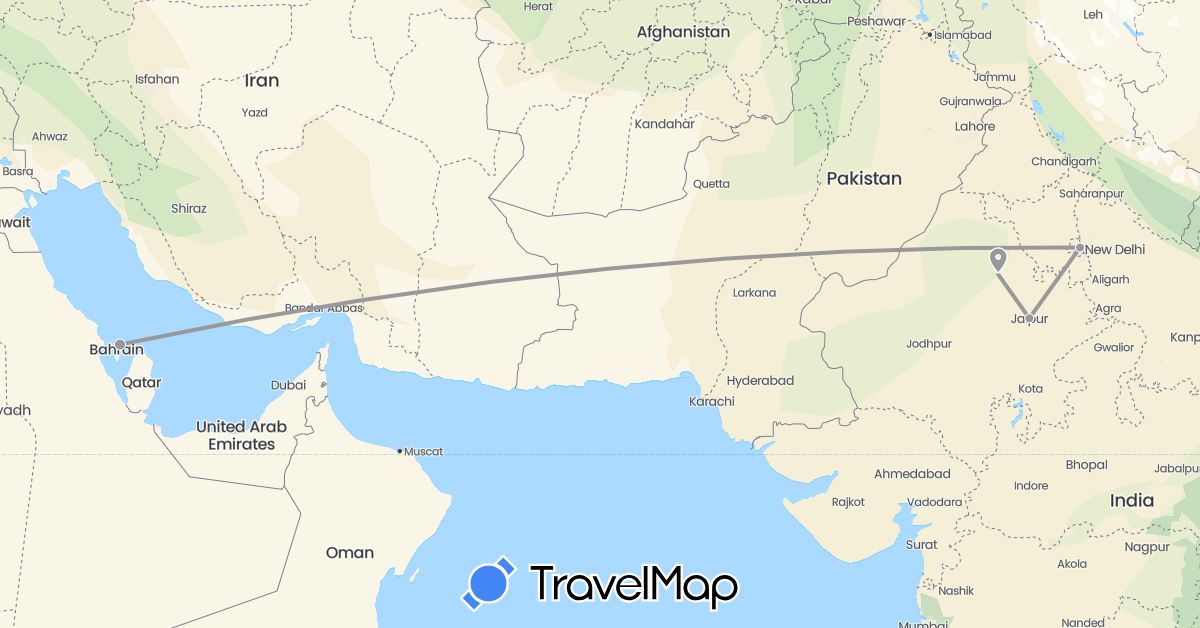 TravelMap itinerary: driving, plane in Bahrain, India (Asia)